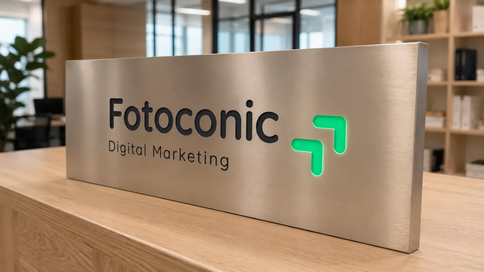 Fotoconic 招牌：辦公室內拉絲不鏽鋼板上的字標、Digital Marketing 副標及綠色箭號標誌