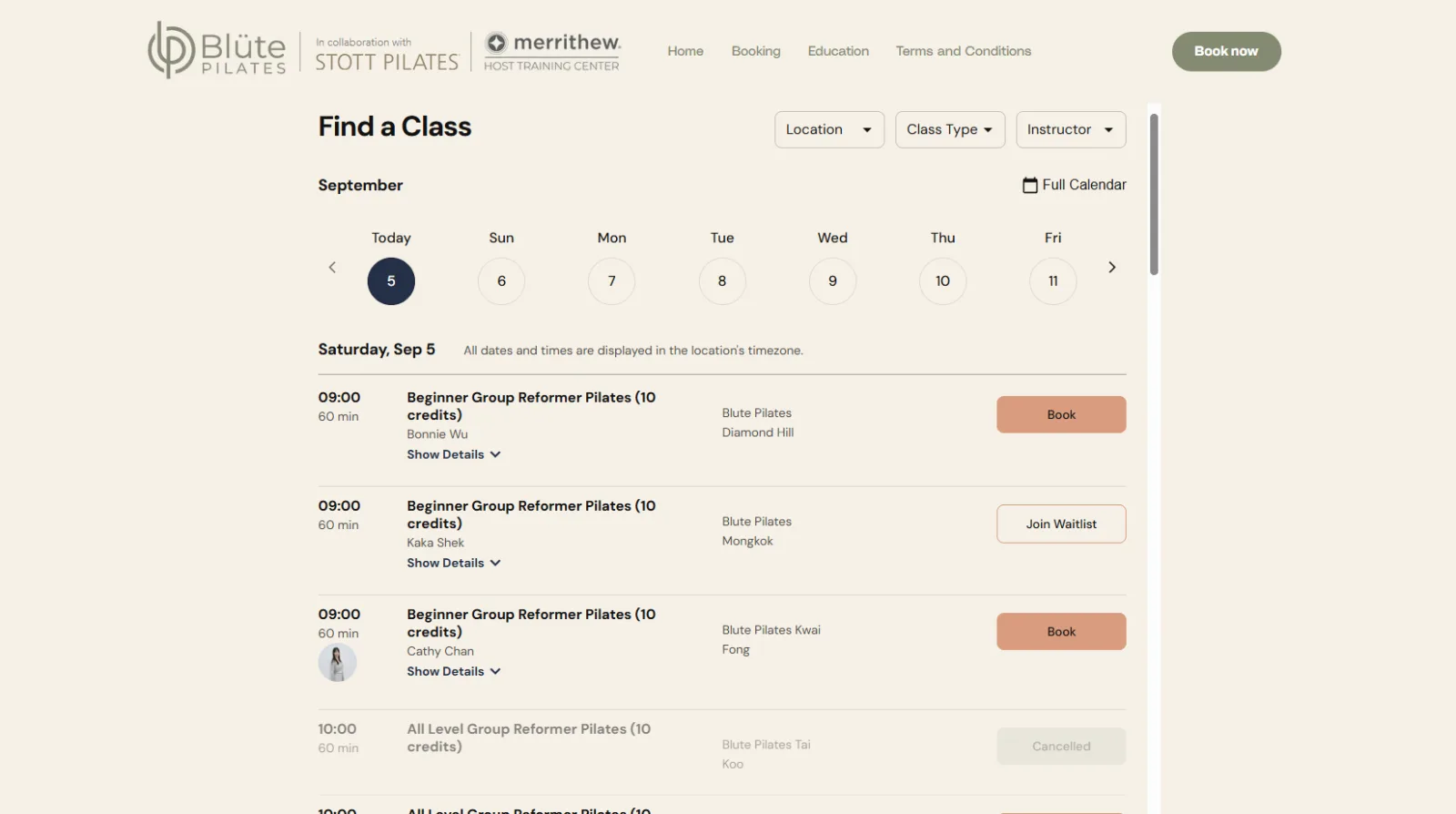 Blüte Pilates Find a Class booking page with location, class type and instructor filters and a weekly schedule