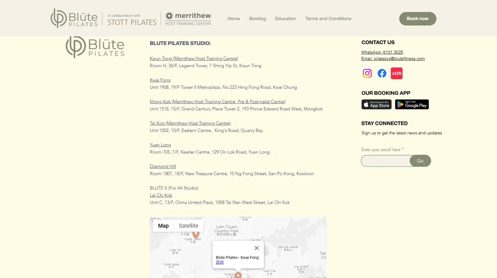 Blüte Pilates footer with the seven studio addresses, contact channels, booking app links and a location map