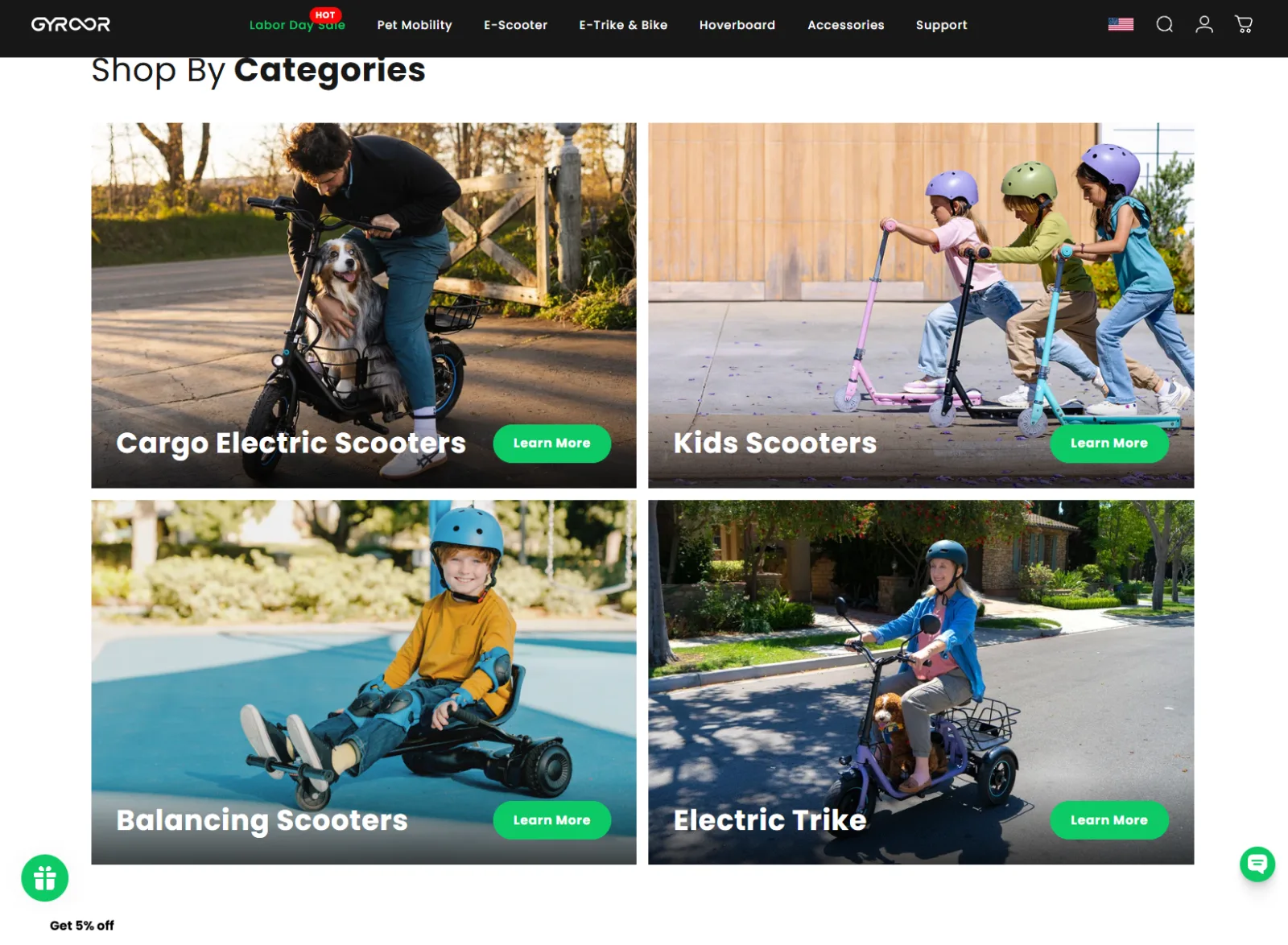 Gyroor shop-by-category grid: cargo scooters, kids scooters, balancing scooters and electric trike