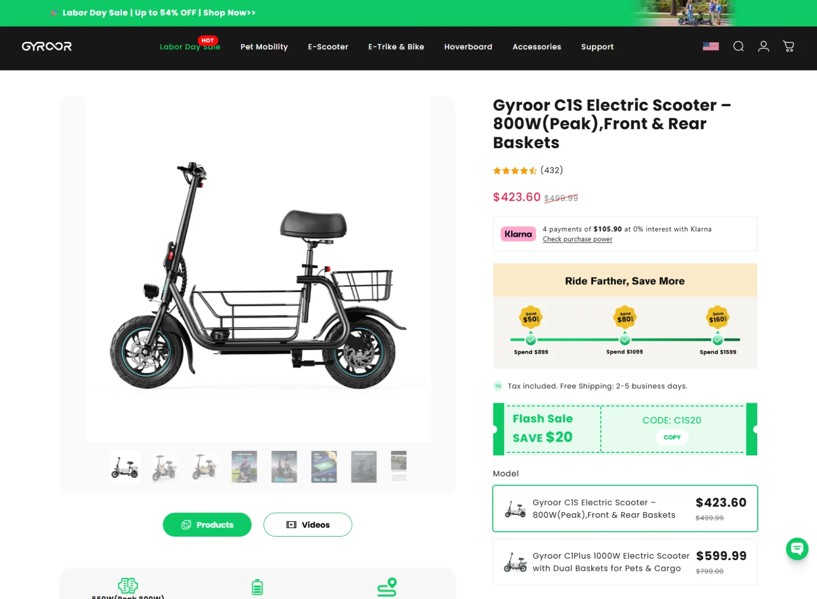 Gyroor C1S product page with gallery thumbnails, pricing, payment options and model selection
