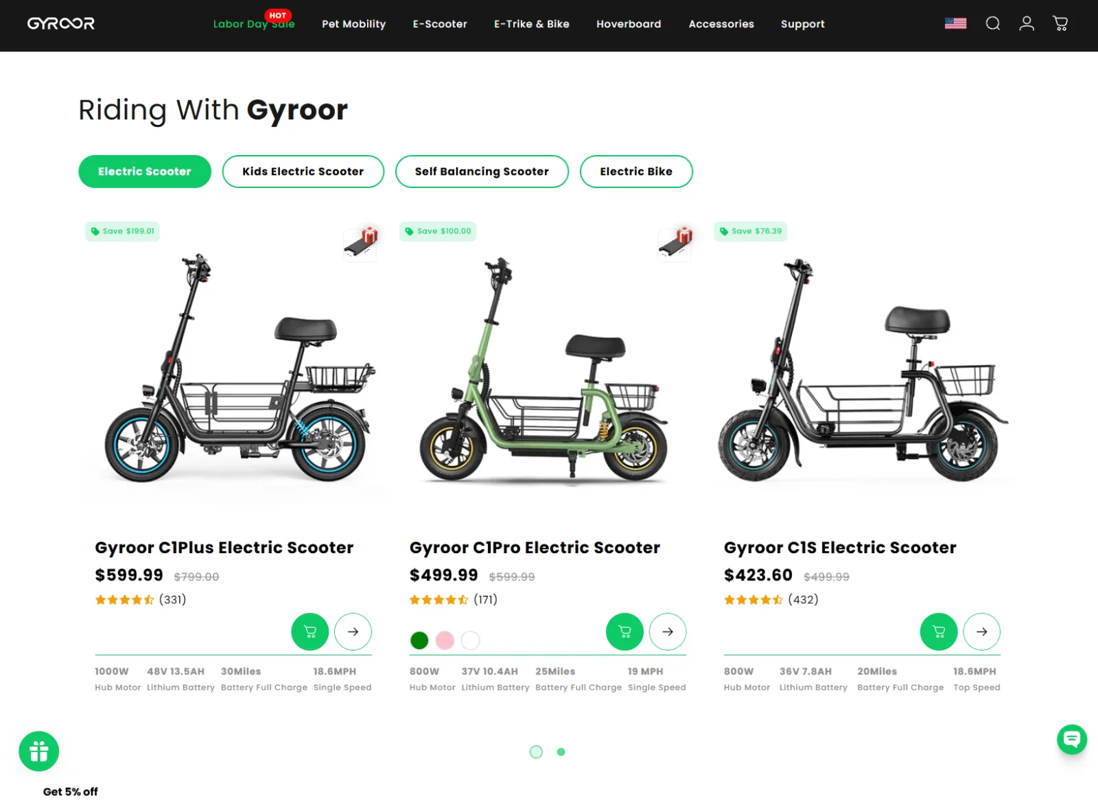 Gyroor product carousel filtered by category, each model showing price, rating and key specifications