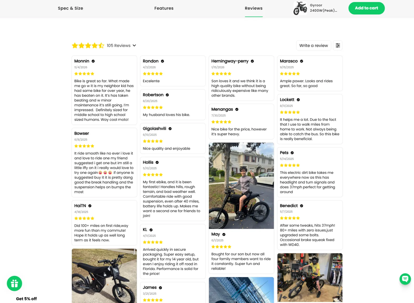 Gyroor reviews section with rating summary, written reviews and customer photographs