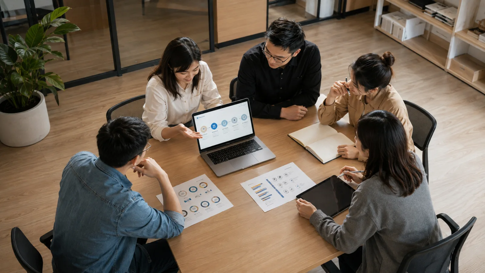 An SME owner and a small consulting team working through a plan around a laptop