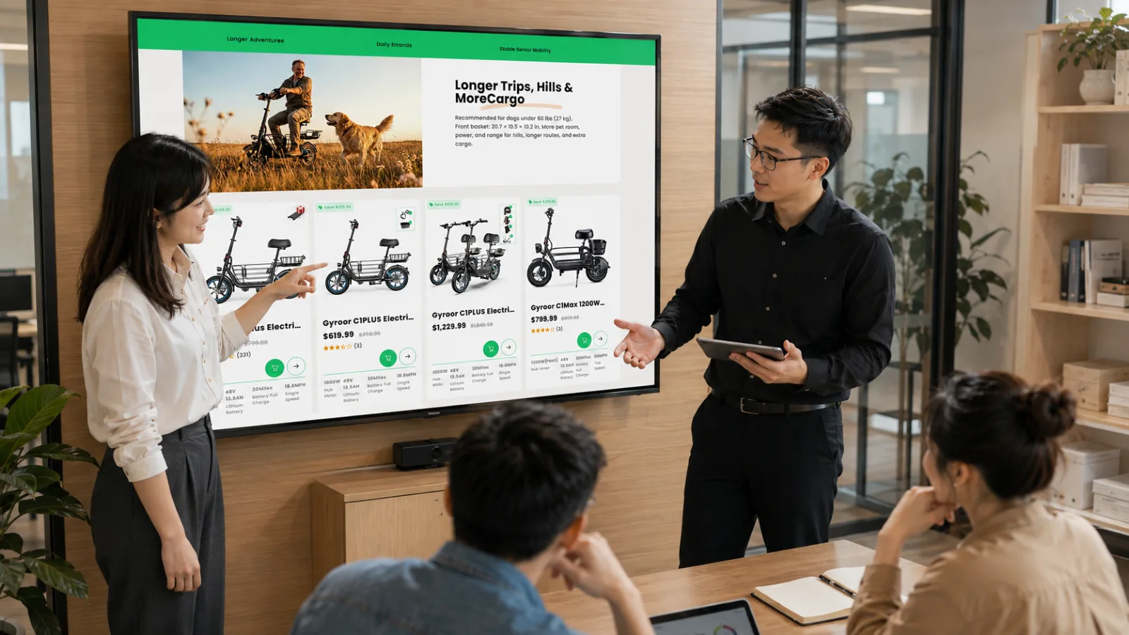 A small team reviewing an e-commerce site together on screen