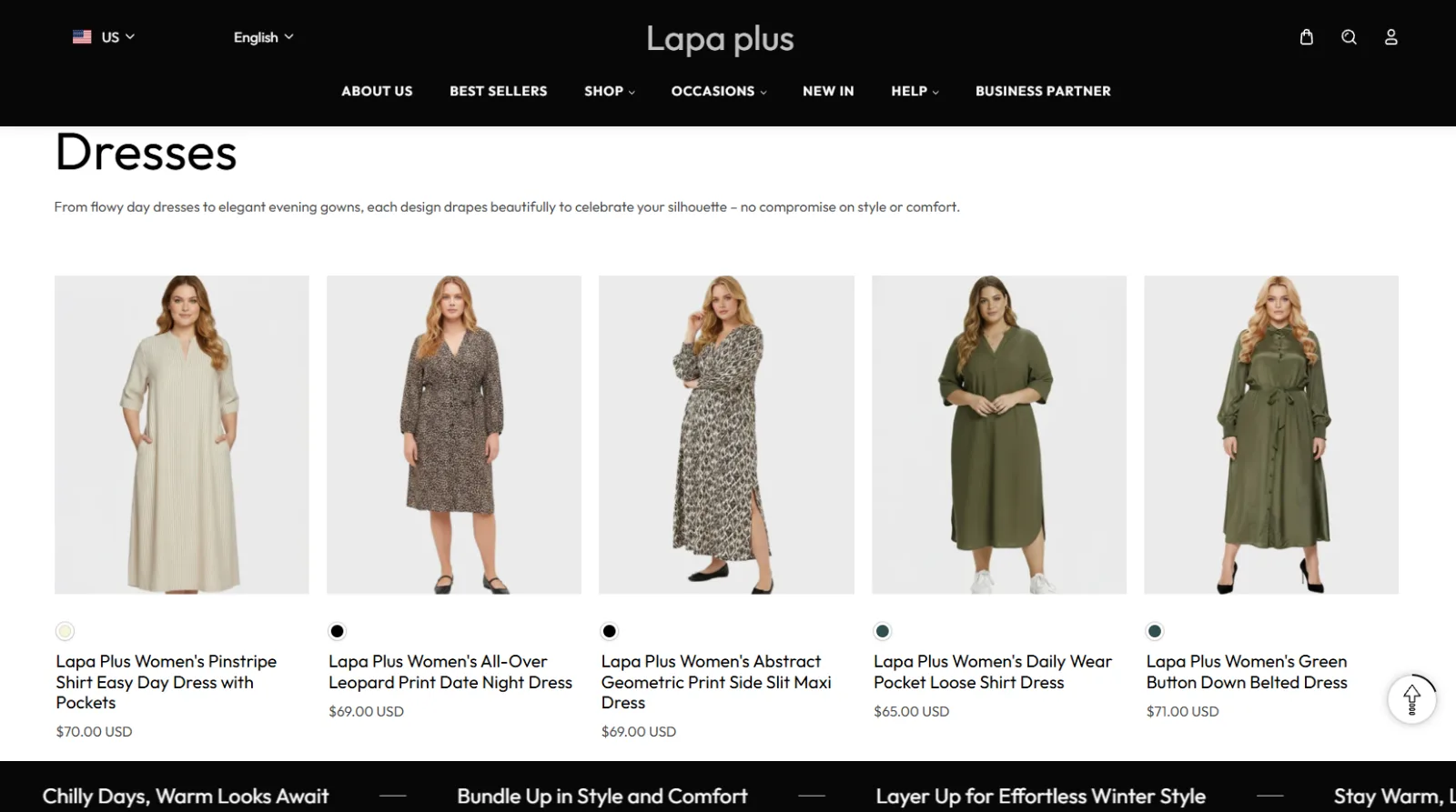 Lapa Plus dresses collection page with product grid and pricing