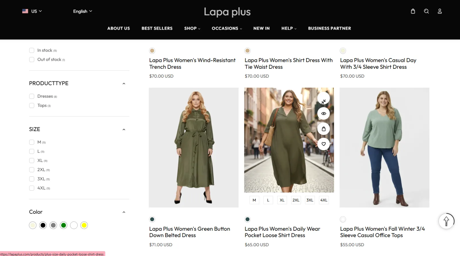Lapa Plus collection page with stock, product type, size and colour filters