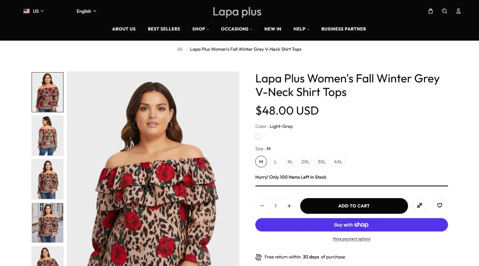 Lapa Plus product page with colour, size selection and purchase options